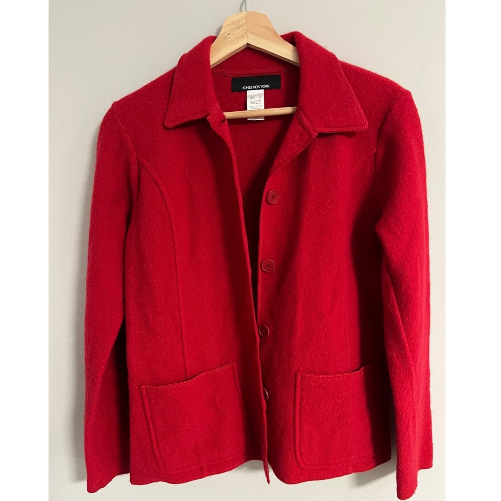 Jones New York 100% Merino Wool Red Button Front Jacket Cardigan